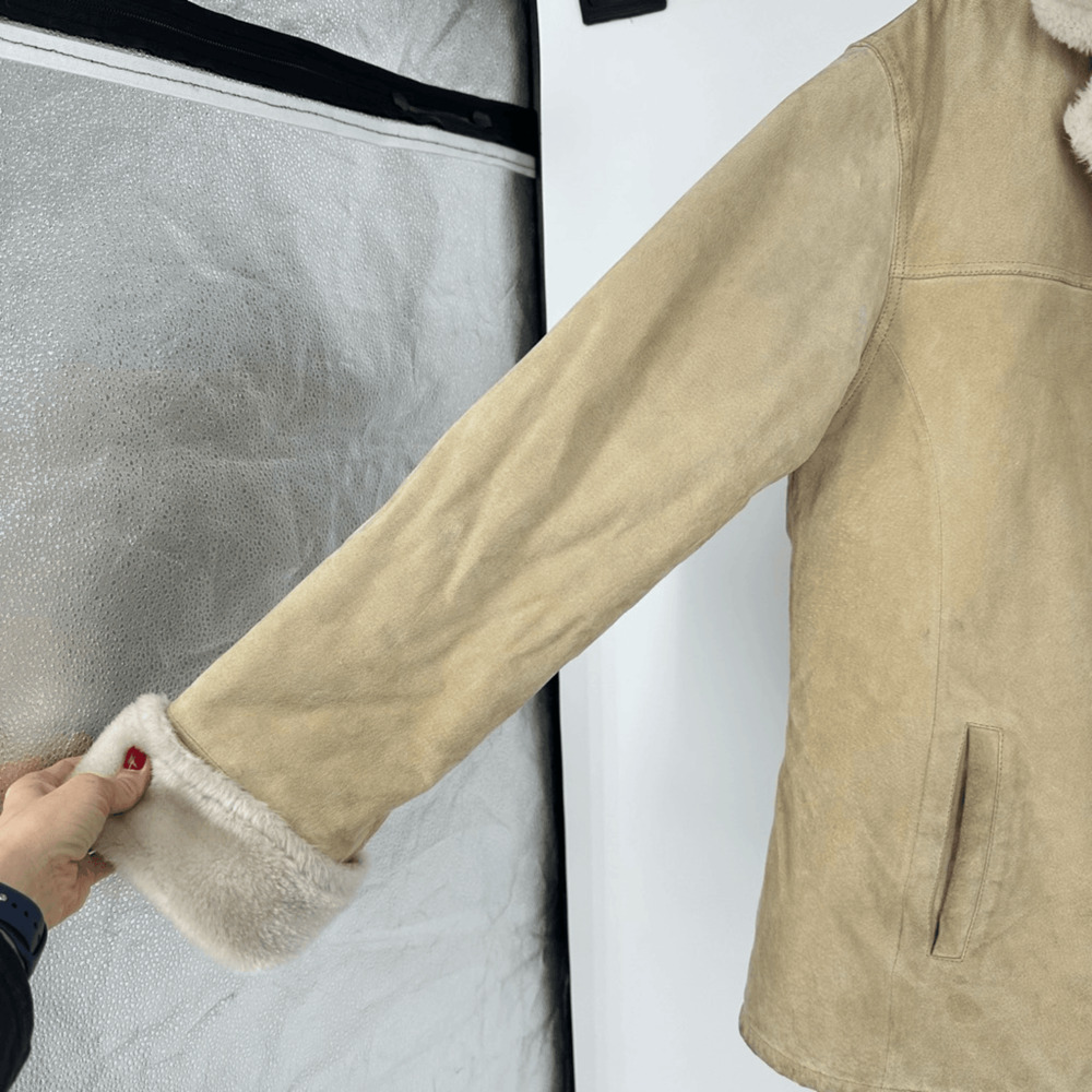 Womens XL Suede Faux Fur Lined Winter Jacket Pockets Cream Boho 70s Style - Picture 12 of 15